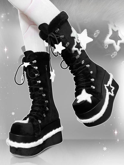 Fleece Star Patches Winter Black Platform Boots