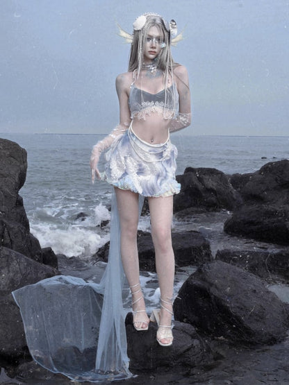 Detachable Train Fairy Bead Tulle Details and with Goth Skirt Sequin