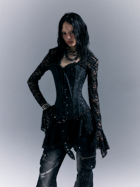 A-Line Mini Dress with Bell Sleeves Black Punk Semi-sheer Lace