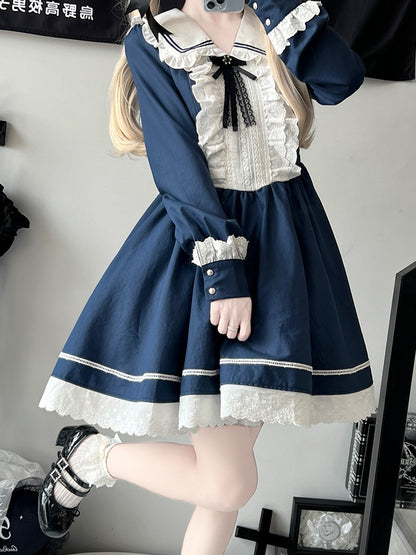 Dark Blue Long Sleeves Ruffled Trim Above Knee Dress