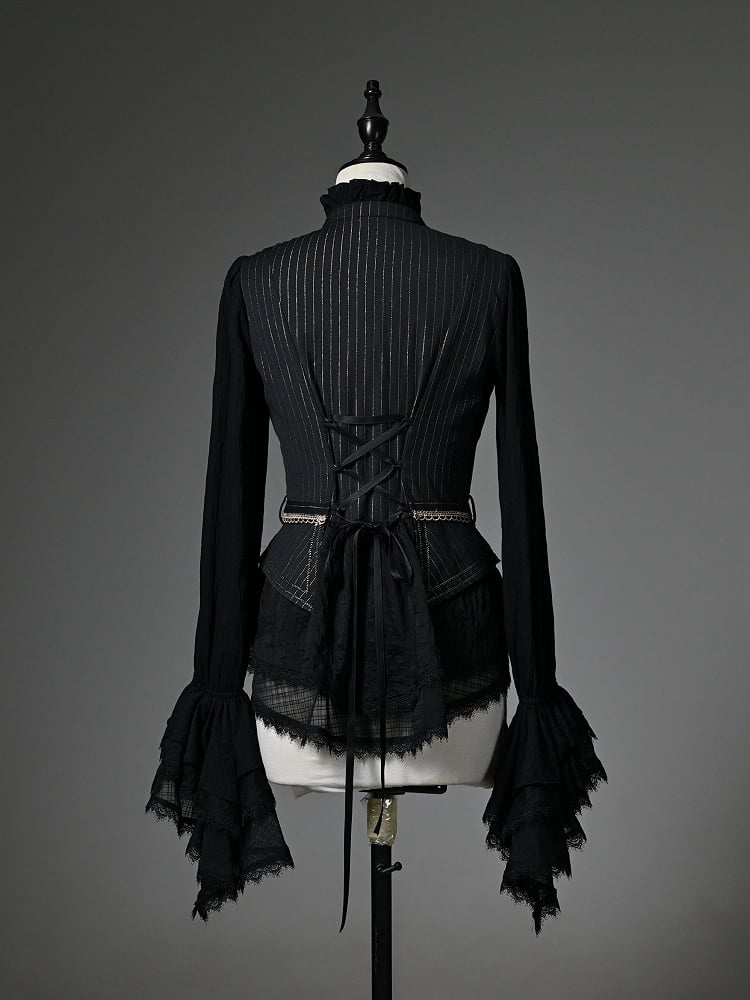 Black Ruffle Neckline Long Cuffs Sleeves Jabot Cadcading
