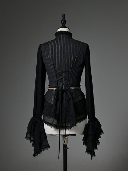 Black Ruffle Neckline Long Cuffs Sleeves Jabot Cadcading