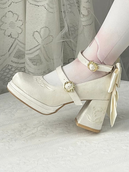 Middle Heels of the Mary Detachable White Lily Embroidery Satin Valley Bowknot Janes