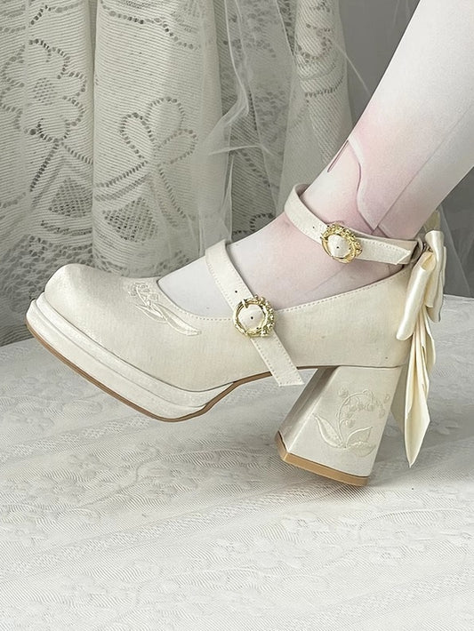Middle Heels of the Mary Detachable White Lily Embroidery Satin Valley Bowknot Janes