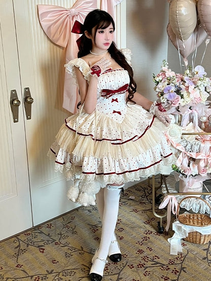 Polka Dots Dress Red Skirt Tiered Waist Sweet Basque White