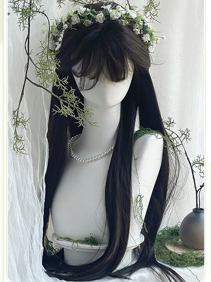 Straight Tea Bangs Black With Wig 75CM Length Air