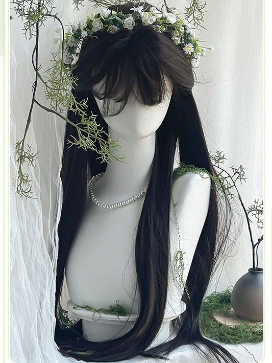 Straight Tea Bangs Black With Wig 75CM Length Air