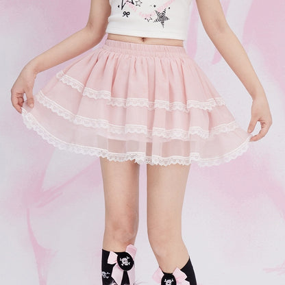 Pink Lace Trim Tiered Mini Skirt