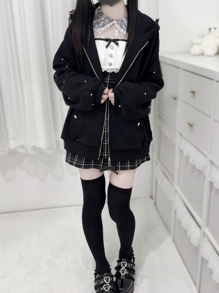 Jirai Kei Black Bunny Ears Lace Trim Hood Bead Details Zip Hoodie