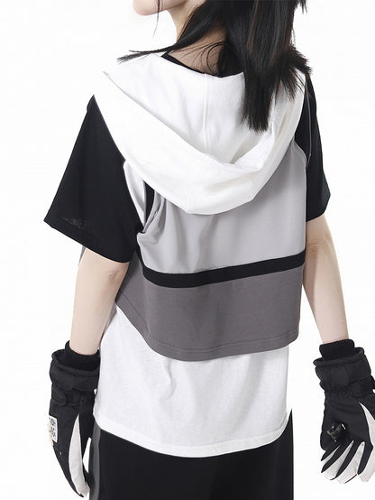 Weste Grau Colorblock Design Techwear Kapuze Cropped
