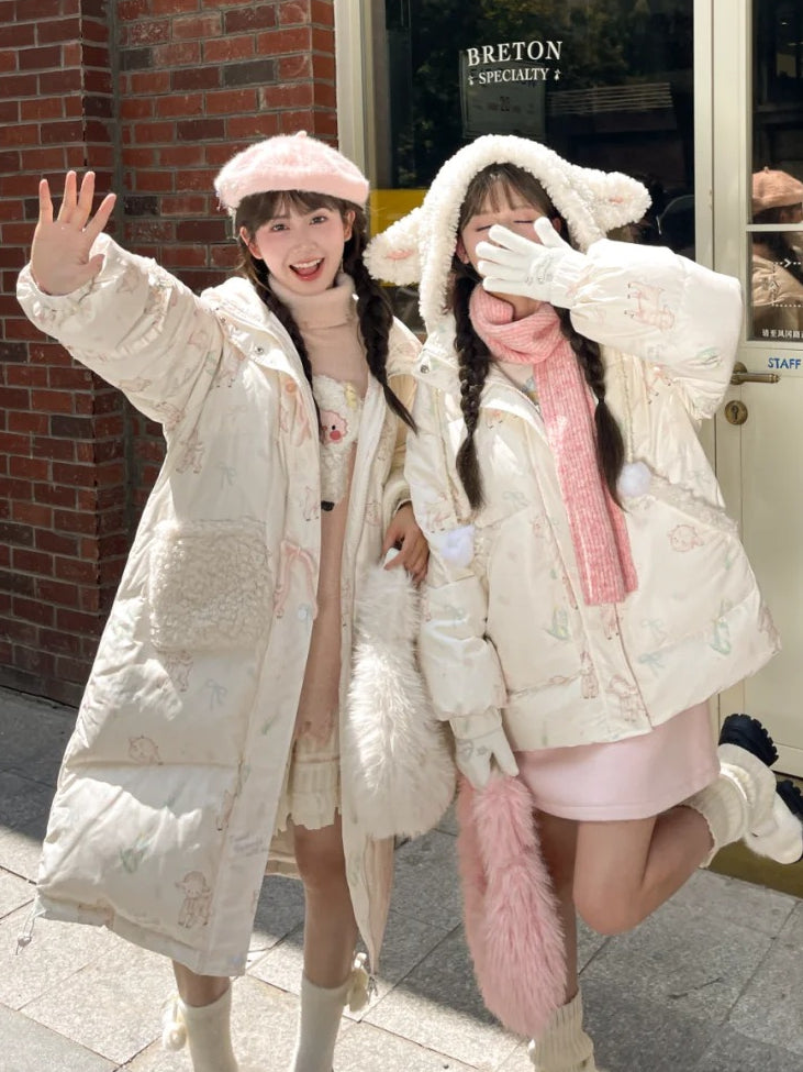 Cute Lamb Print White Hooded Down Jacket Short/Long Version