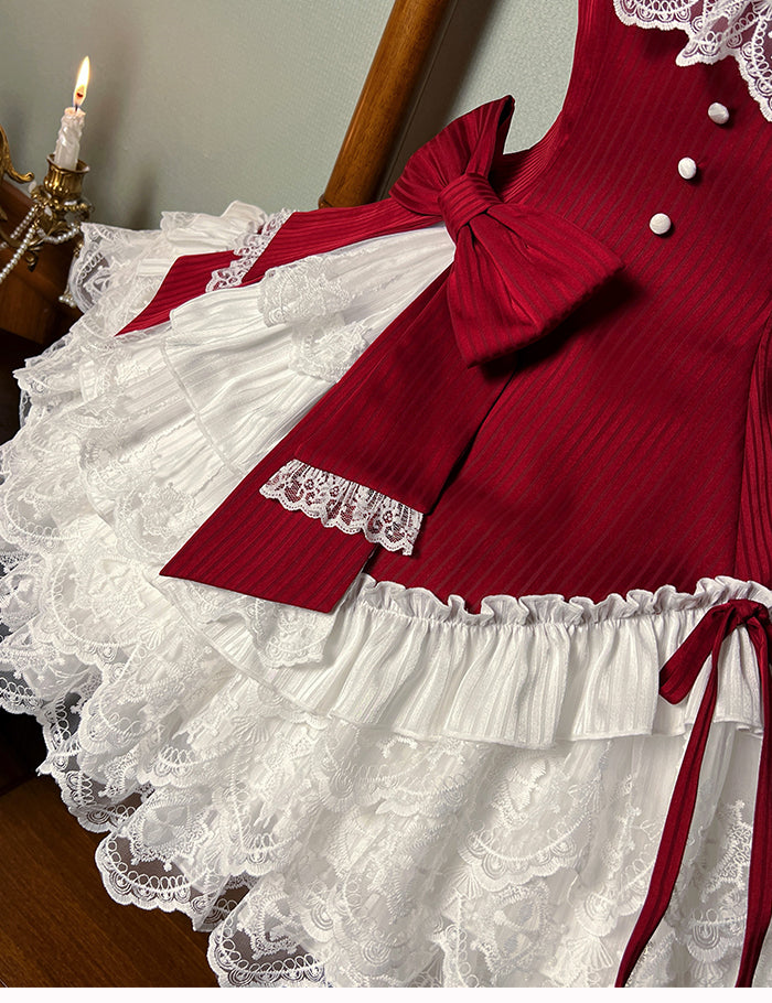 Slim Waist Dress Neck Sleeveless Lolita Ruffle Layered Sweet Fit Striped Fabric Red