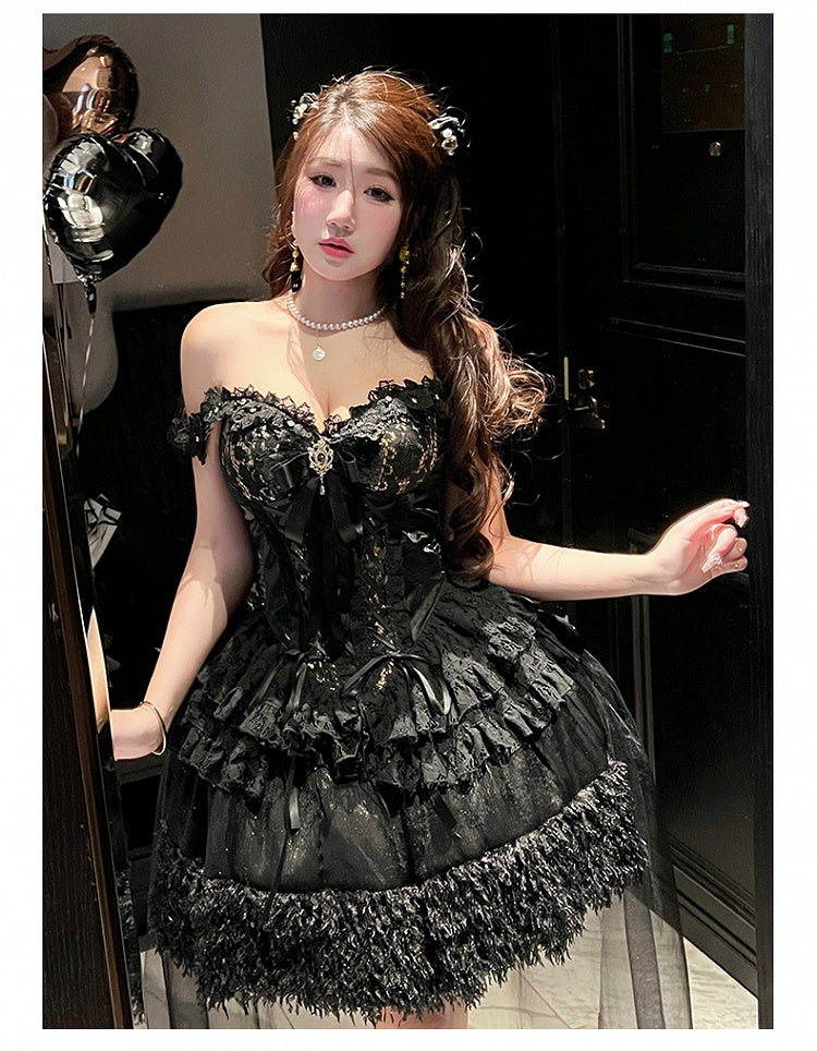 Black and Gold Strapless Sweetheart Neckline Corset Top + Shimmering Black Sequins Skirt