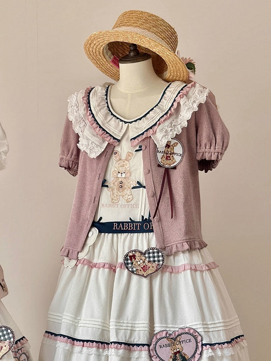 Pink Short Puff Sleeves Cardigan