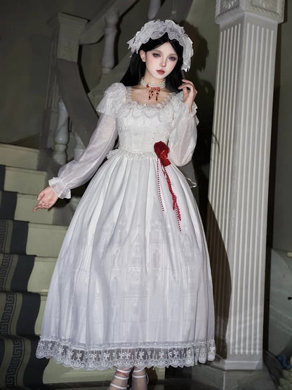 Set OP Lolita Long Goth Neckline White Version Print Full Castle Square Dress