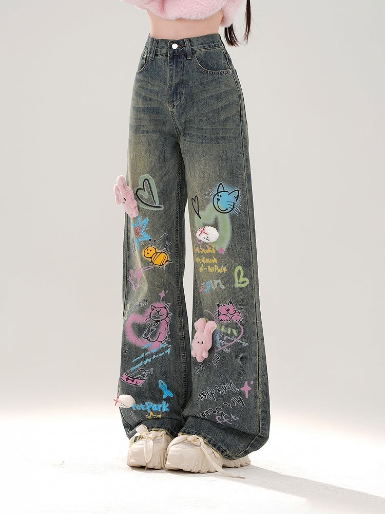 Wide-Leg Jeans with Colorful Graffiti and Detachable Pink Bunny Plushie Blue