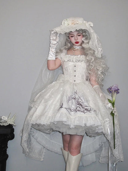 Robe jupe haute-basse blanche brodée d'os de dragon Shiro avec superposition de broderie cathédrale