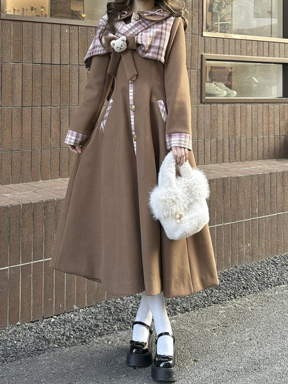 Brown Sweet Vintage Preppy Style Bow Accent Long Coat with Plaid Scarf Details