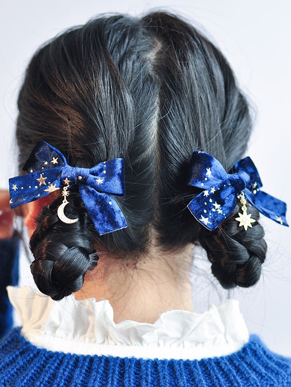 Print Moon Bowknot Blue Hairclips Star Charm
