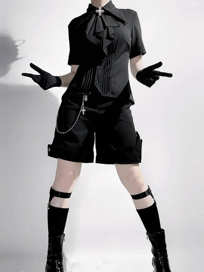 Jabot Lolita Collar Black Foldover Short Fashion Sleeves Shirt Pointed Ouji