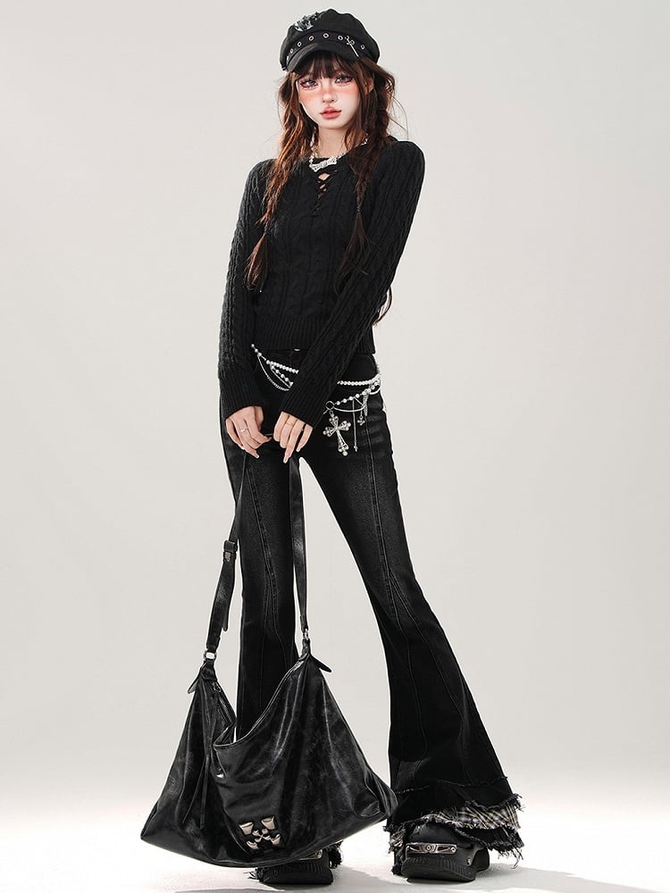 Black Plaid Patchwork Cuffs Fishtail Jeans