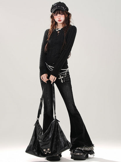 Fishtail Patchwork Plaid Black Cuffs Jeans