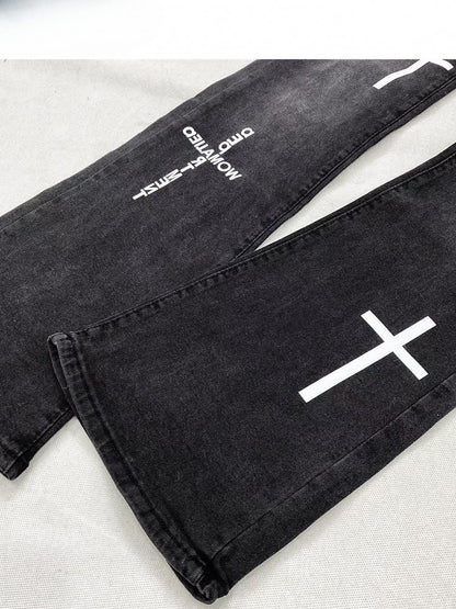 Flare Black Wings Print Y2K Jeans And Silhouette Cross
