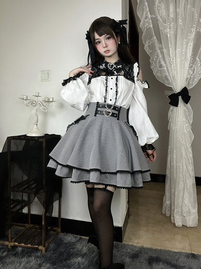 Black & White Houndstooth Double Heart Buckle Bowknot Jirai Kei Tiered Skirt