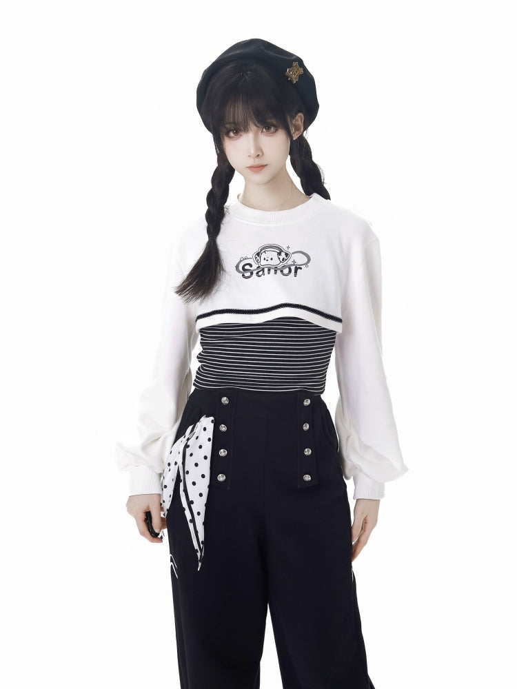 Striped Pattern Top with  Puppy Print Cropped Sweatshirt Set