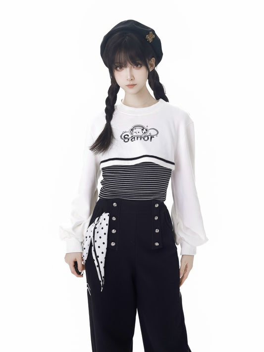 Striped Pattern Top with  Puppy Print Cropped Sweatshirt Set