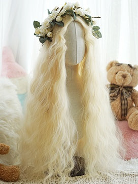 Light Blonde Hip Length Curly Wig With Curly Curtain Bangs