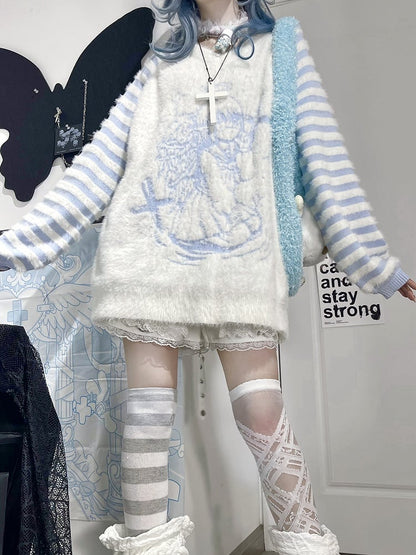 Tenshi Kaiwai Blue and White Angel Graphic V-neck Loose Sweater