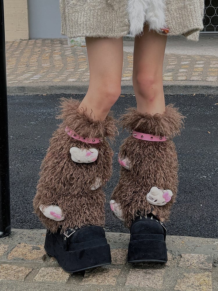 White/Pink/Coffee Stud Shaggy Leg Warmers With Kitty Plushie