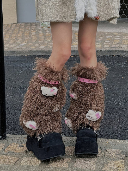 White/Pink/Coffee Stud Shaggy Leg Warmers With Kitty Plushie