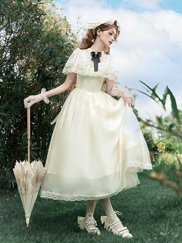 Dress Beige Elegant One Edward Illusion Lolita Piece Square Neck Waist Neckline Basque