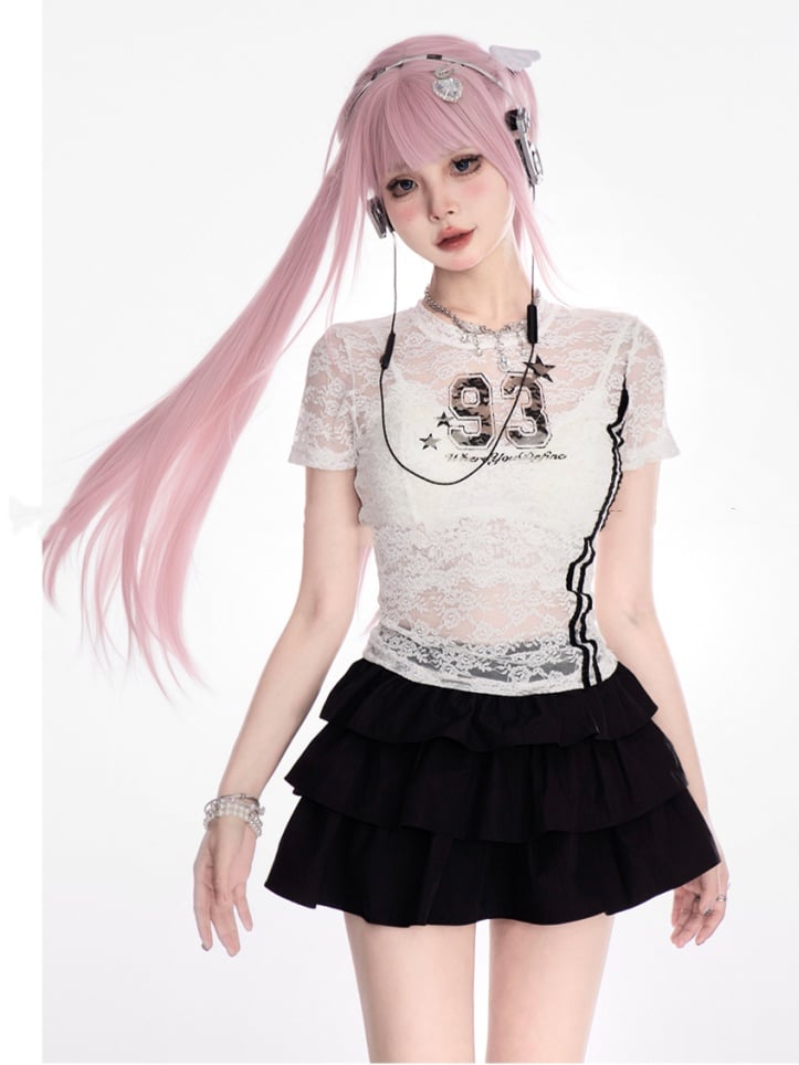 Spitzen T-Shirt Rundhals Zahlen Print Halbtransparent Schwarz/Weiß