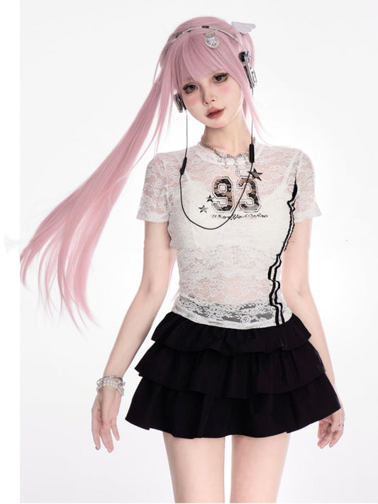 Lace T-shirt Round Neck Number Print Semi-sheer Black/White