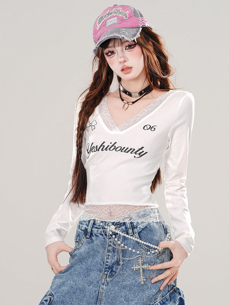 White Lace Patchwork V-neck Long Sleeves Top