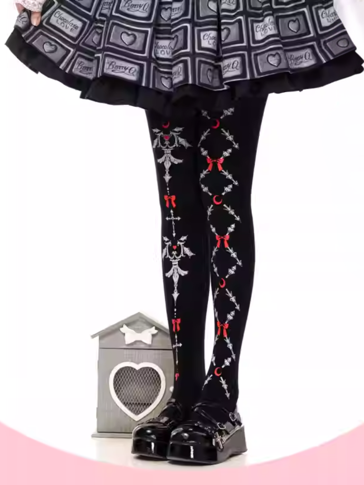 Schwarze Gothic Lolita Strumpfhose mit roten Schleifen