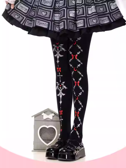 Schwarze Gothic Lolita Strumpfhose mit roten Schleifen