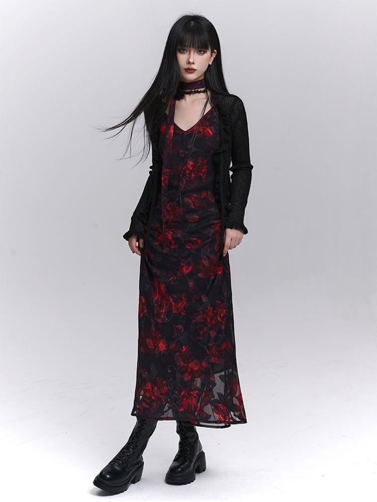 Floral Length Red and Black V-Neck Ankle Slip Dress