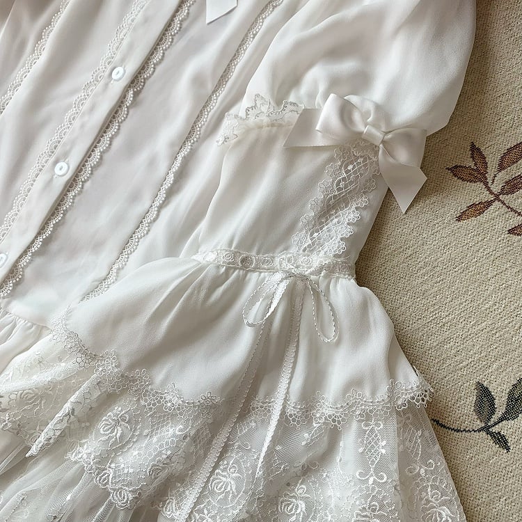 Rüschenglocke Weiß Verzierter Ausschnitt Ärmel Bowknots Bluse