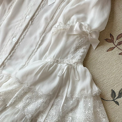 Rüschenglocke Weiß Verzierter Ausschnitt Ärmel Bowknots Bluse