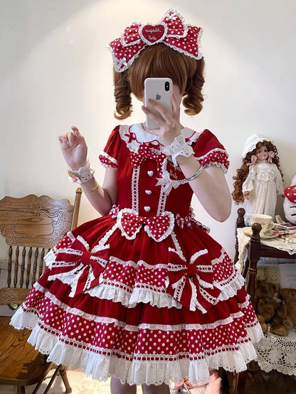 Collar Red Ears Sweet Lolita Dress Dots Bunny Polka Accents Bow Back