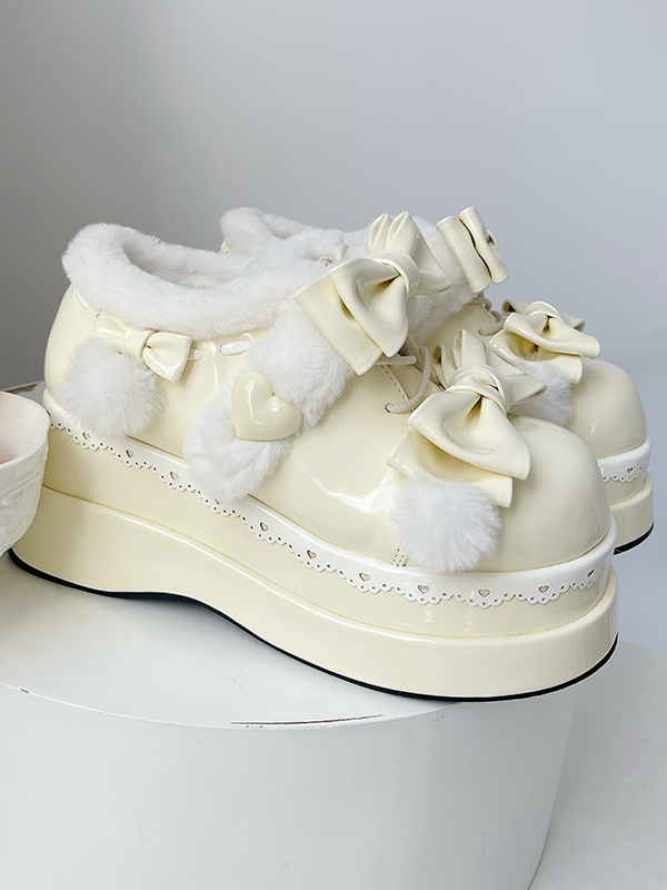 Lolita Creamy Yellow Cute Heart Bowknot Platform Shoes With Pompons