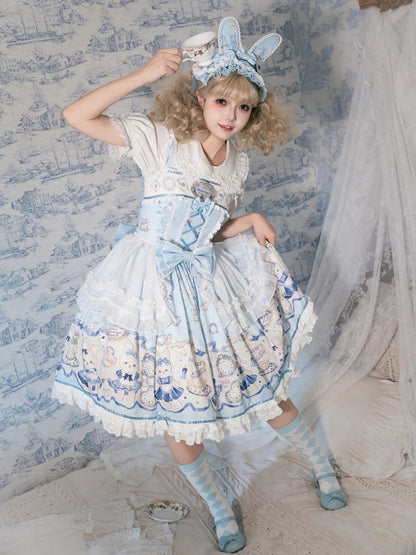 Blue Alice Bunny Lolita Dress Print Clock Sweet and