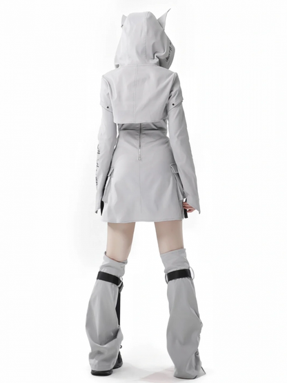 Light Gray Wolf Ears Hooded Futuristic Cropped Top