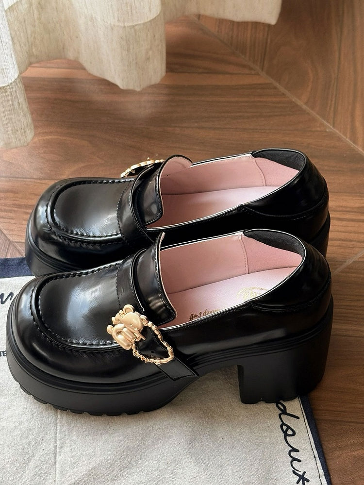 Matte Slipons Hugging Heart High Bear Platform Heels Black Buckles Block