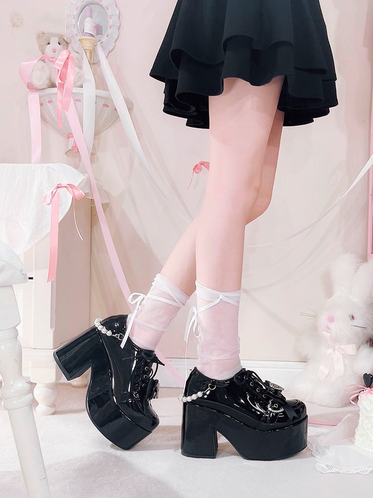 Jirai Kei Polished Black Lace Trim Heart Bow Platform High Block Heels with Beaded Chain