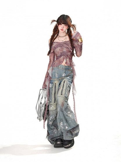 Purple/Gray Off-the-shoulder Neckline Drawstring Glamorous Top